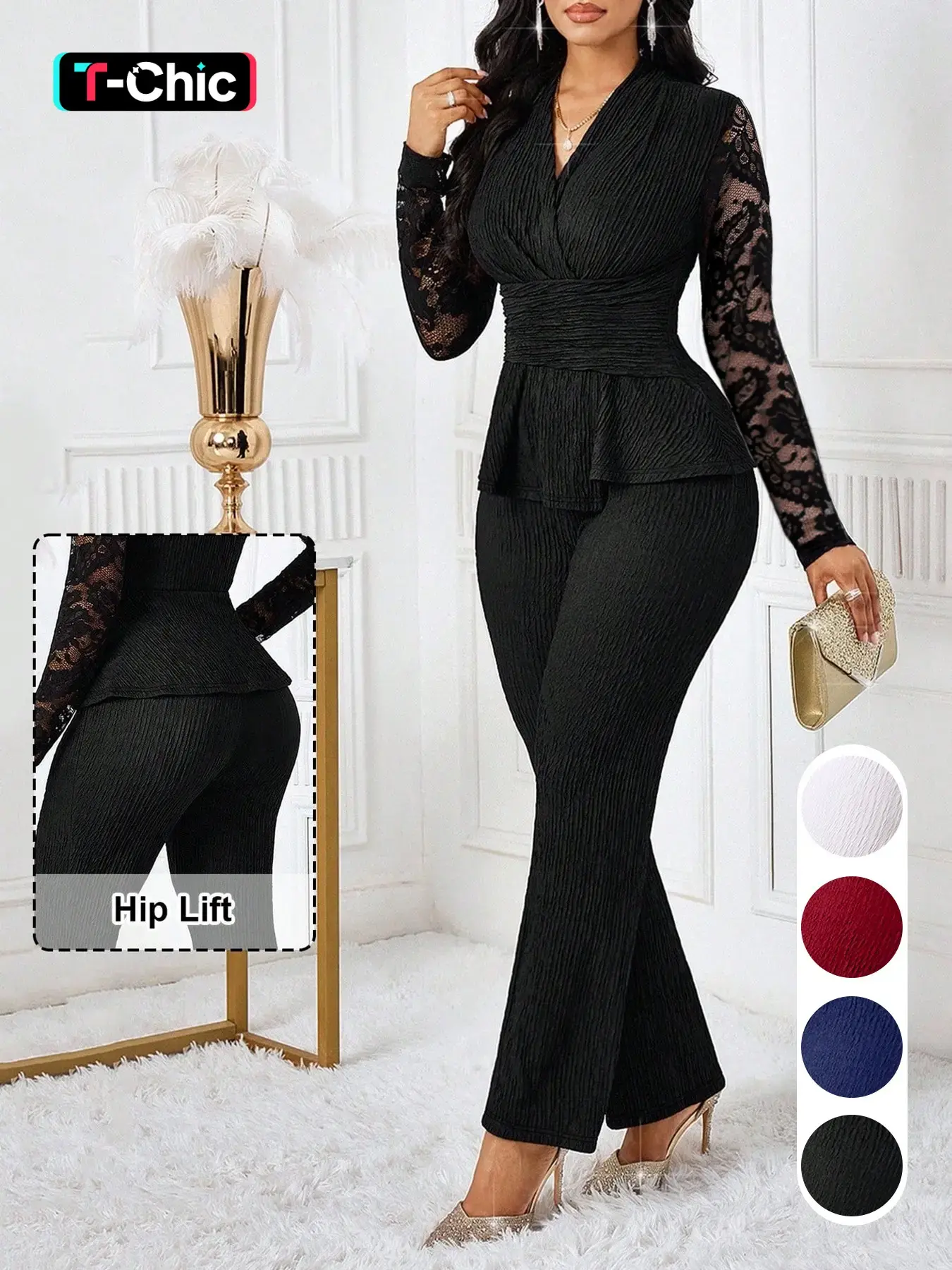 All-Season Curvy Women's 2 Piece Pants Set, Lace Sleeve V Neck Ruched Waist Peplum Top & High Waist Hip Lift Flare Pants, Elegant Matching Outfit for Office, Commute, Night Club and Cocktail Party