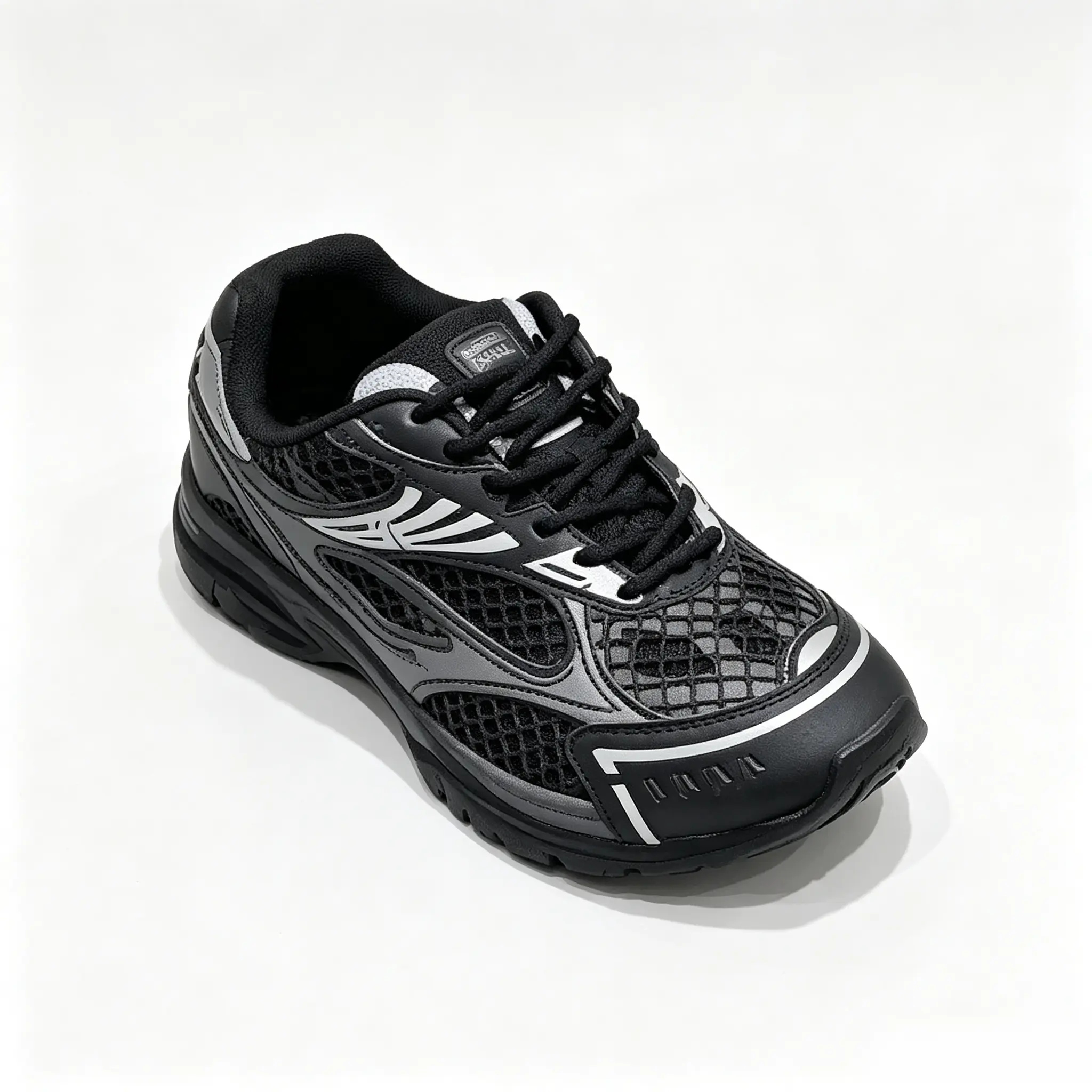 Women's & Men's Retro Orbit Runner Mesh Chunky Sneakers - Breathable, Lace-Up, Non-Slip Thick Sole, Black Silver, Casual Dad Streetwear Sports Running Trainers
