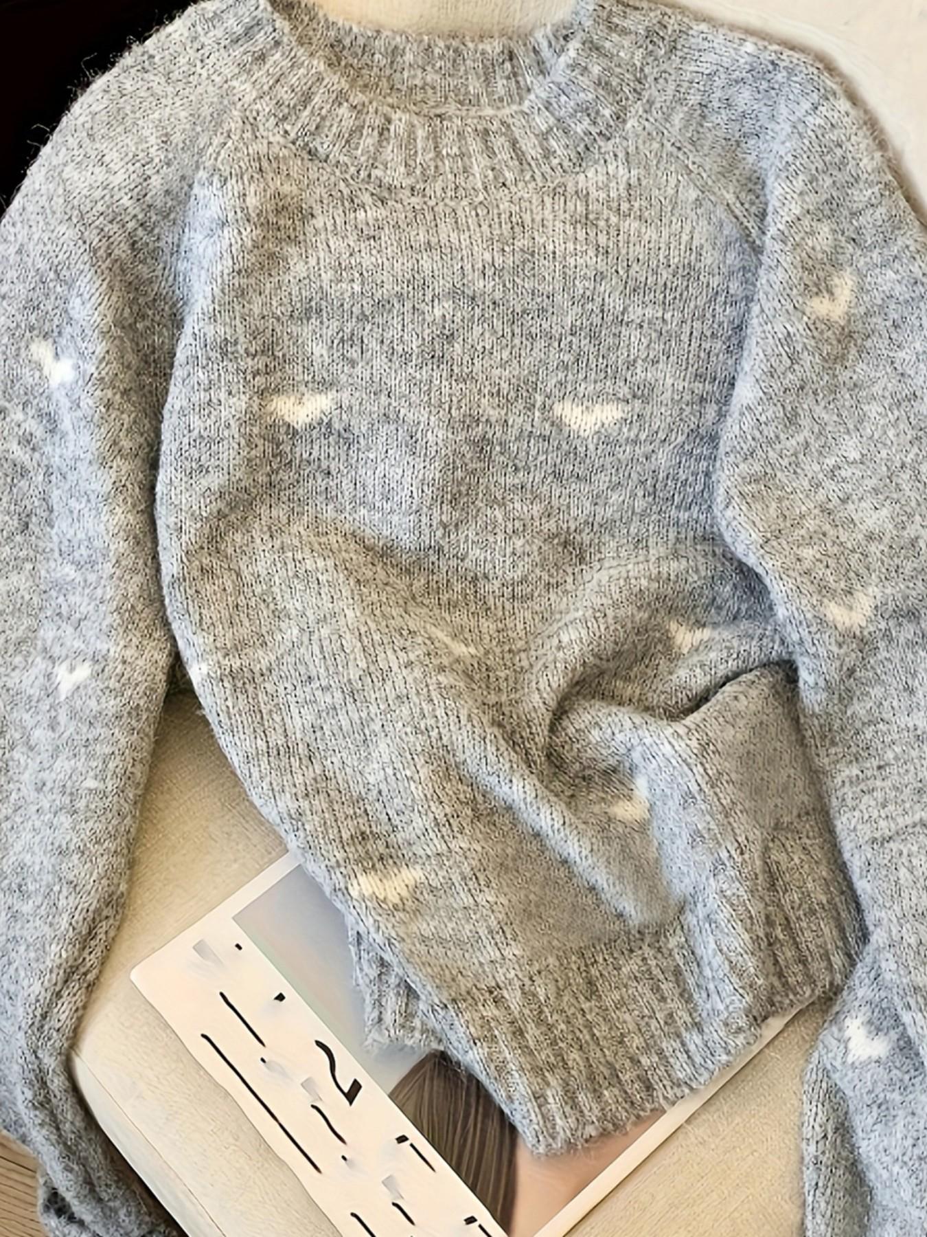 Plus Size Women's Fall Winter Heart Pullover, Chic Long Sleeve Drop Shoulder Knitwear Knitting, Cozy Crew Neck Sweater for Casual Daily Wear Tops