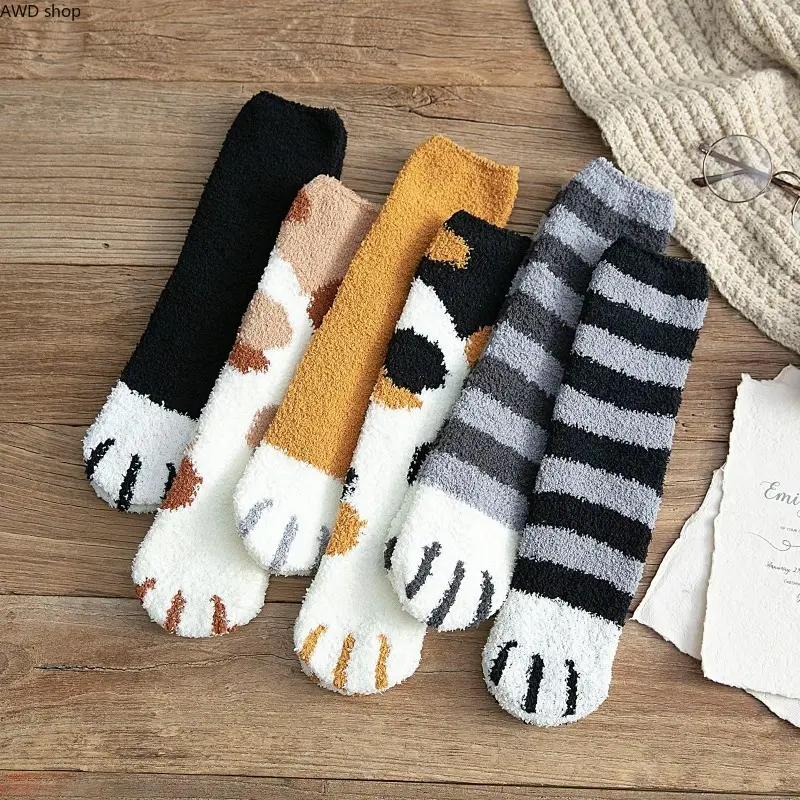 6/1pcs Women Winter Warm Fluffy Socks Cute Animal Claw Cat Paw Footprint Fuzzy Socks Female Thick Coral Fleece Home Floor Sleep Socks