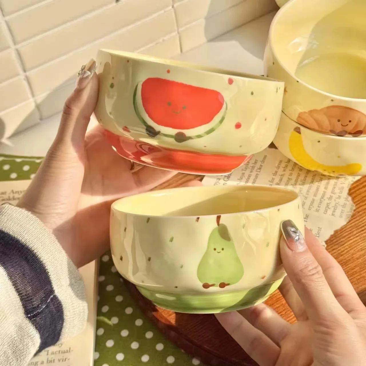Cute Fruit Ceramic Bowl Creative Kawaii Hand-painted Ceramic Anti-scald Soup Bowl Home Kitchen Noodle Ramen Tableware Bowl