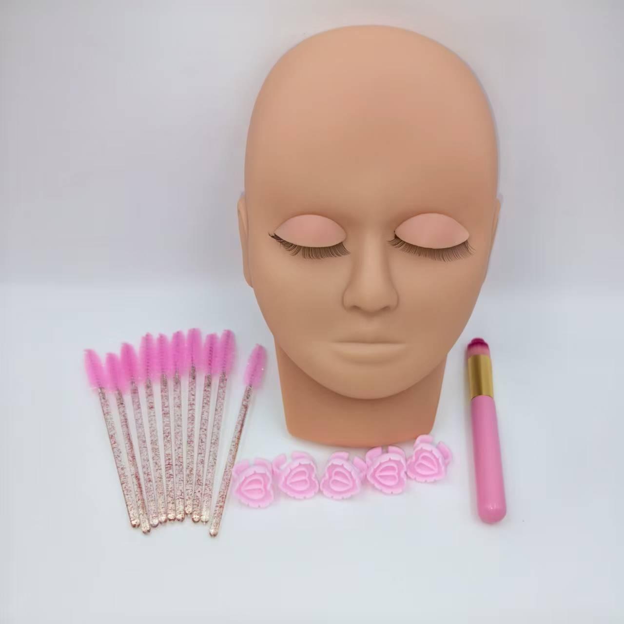 Portable False Eyelash Practice Head Model Kit, Detachable Eye Module, Small Portable Lashes Practice Model, 10 Brushes, 5 Glue Rings, Cleaning Brush