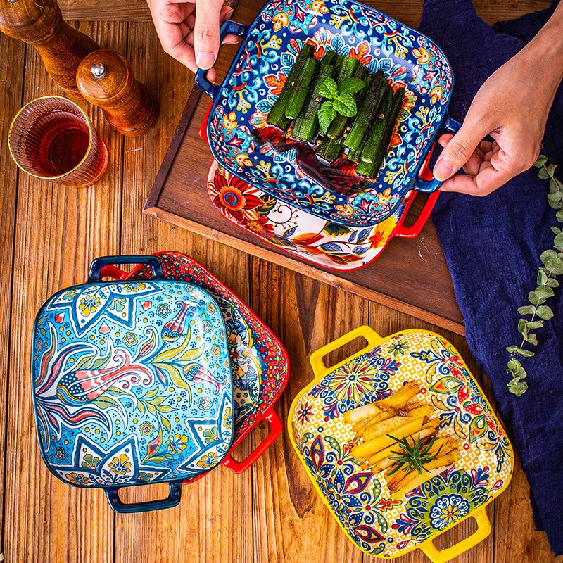 Bohemian Style Ceramic Bakeware Set, 4 Counts/set Square Dual-handle Plates for Baking Fruits Pasta, Oven & Microwave Safe Dishes for Home Use, Salad Serving Plates