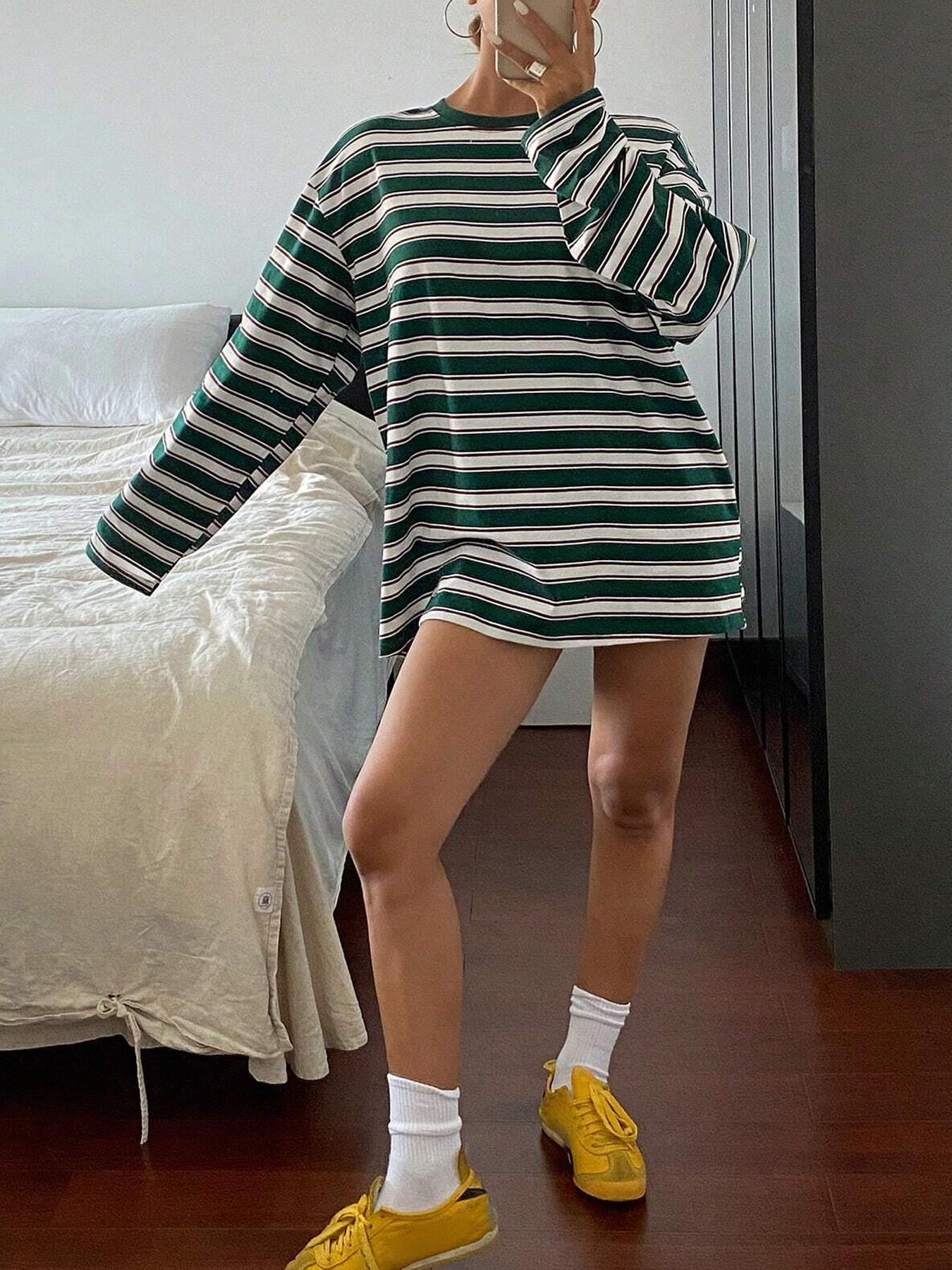 Women's Striped Long Sleeve Round Neck Loose Fit T-Shirt, All Seasons Fashion, Comfortable Casual Wear, Perfect for Daily Use