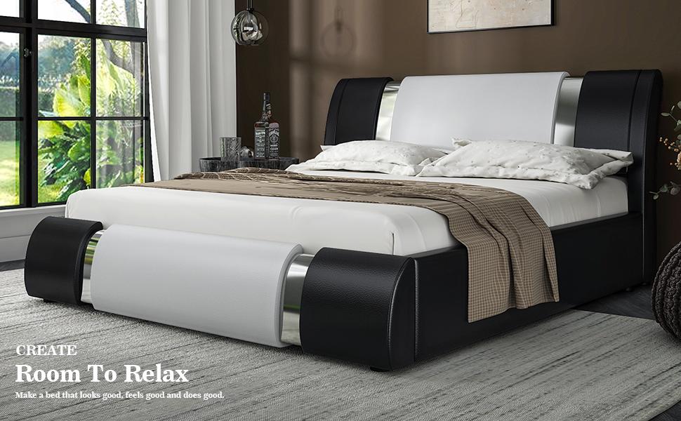 Allewie Queen/king Size Platform Bed Frame with Iron Piece Decor, 【Frame Only No Mattress】Faux Leather Upholstered Bed with Curved Adjustable Headboard, Wooden Slats Support, No Box Spring Needed, Modern Style, White/Black,#TikTokShopBacktoSchool
