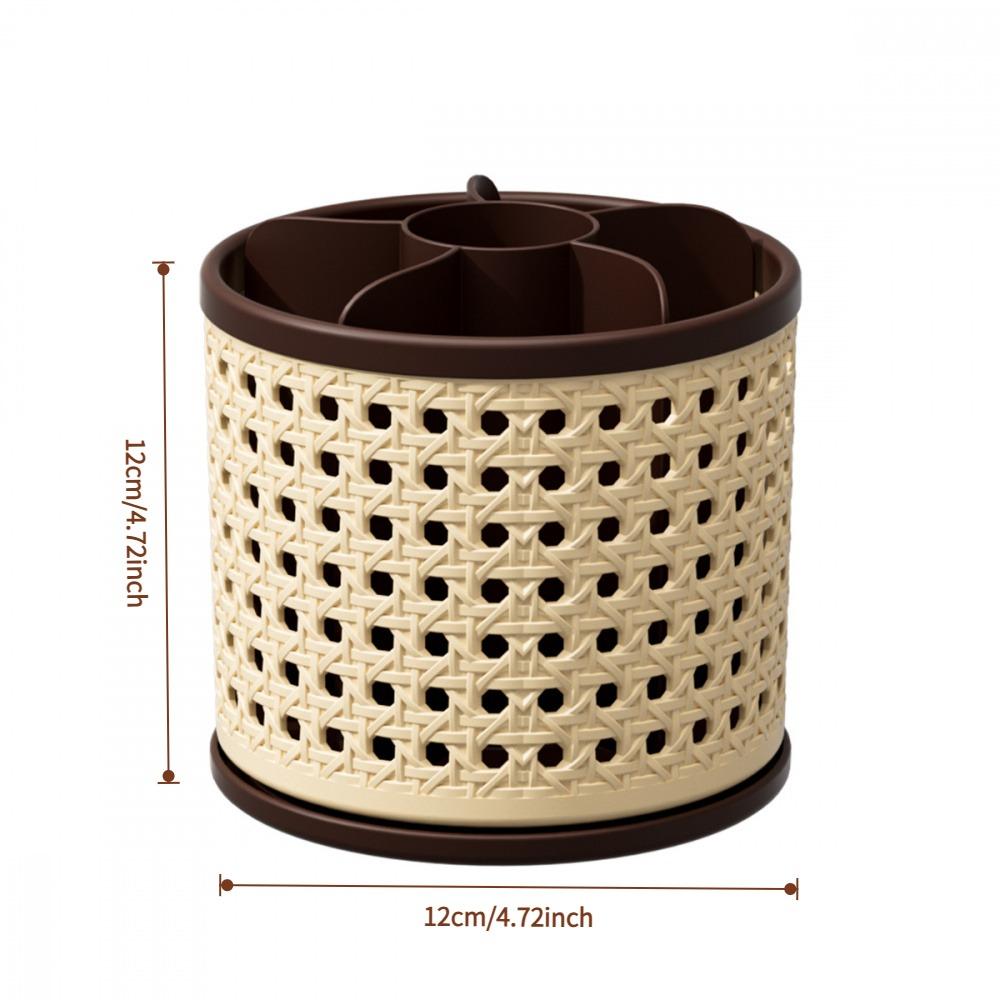 Vintage Woven Makeup Organizer, Large Capacity Rotating Desk Pen Holder, Detachable Easy Clean Compartment Brush Storage Box