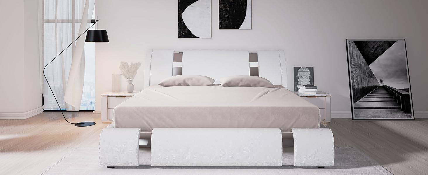 Allewie Queen Size Platform Bed Frame with Iron Piece Decor, Faux Leather Upholstered Bed with Curved Adjustable Headboard, Wooden Slats Support, No Box Spring Needed, Modern Style, White