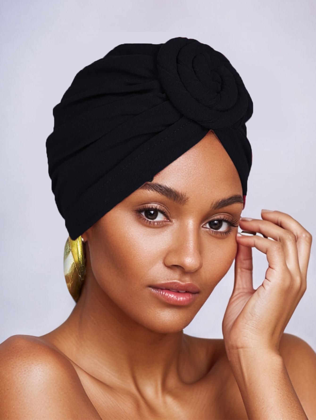 Women's Ethnic Headscarf Hat, Floral Twist Design Indian Turban Cap, Casual Fitted Style for All Seasons, Perfect for Parties & Daily Use