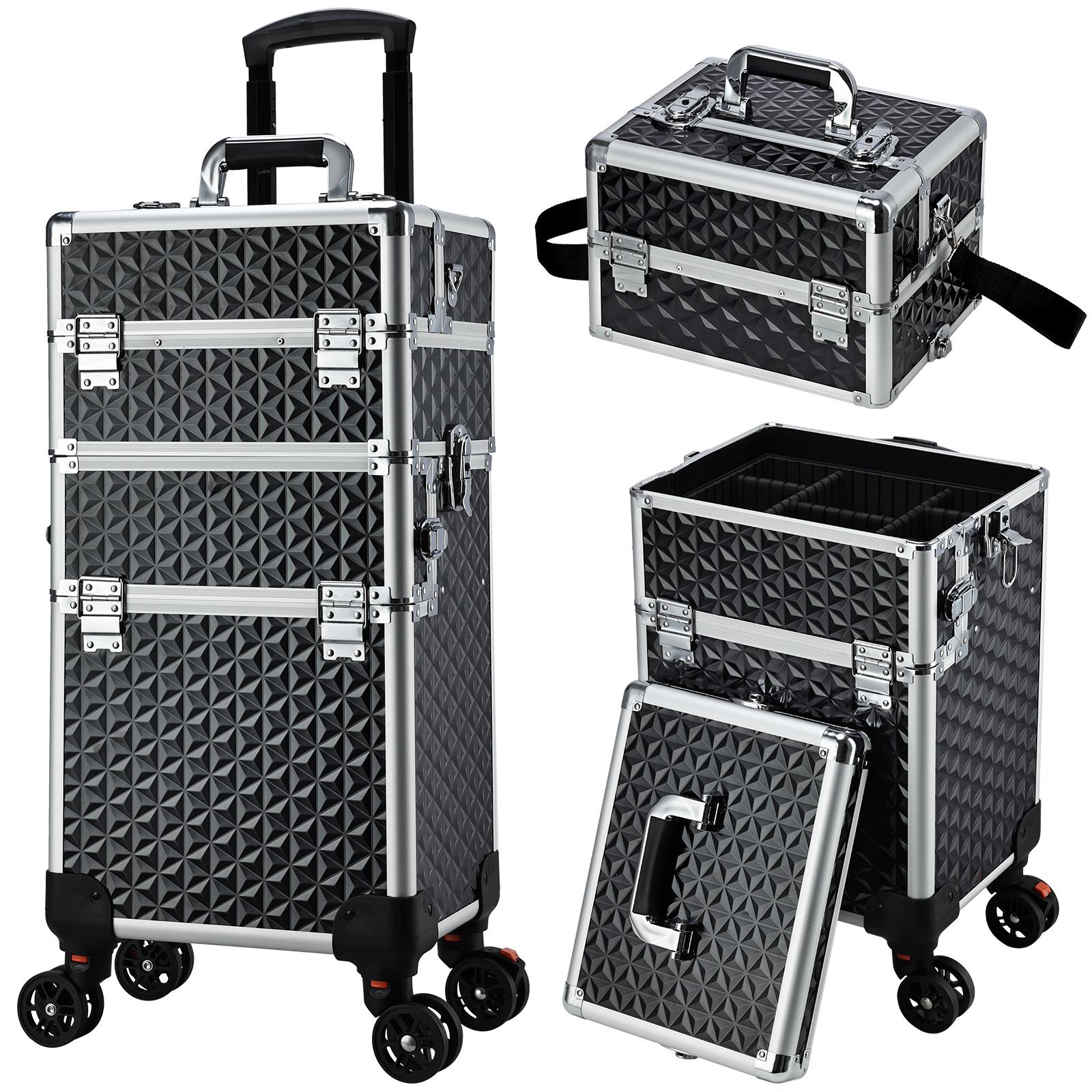 3 in 1 Rolling Makeup Train Case Large Cosmetic Trolley Salon Barber Case for Make Up Hairstylists Nail Tech Aluminum Makeup Trolley Case