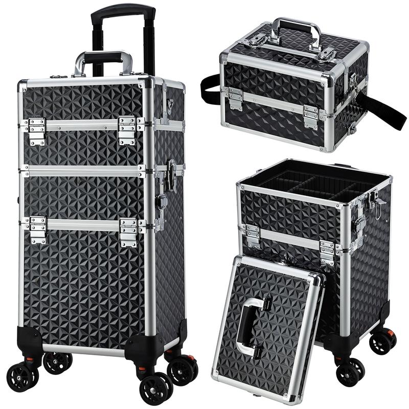 3 in 1 Rolling Makeup Train Case Large Cosmetic Trolley Salon Barber Case for Make Up Hairstylists Nail Tech Aluminum Makeup Trolley Case