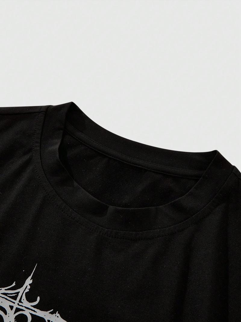 Men's Short Sleeve Tee and Washed Cotton Straight Leg Pants Set, Gothic Print, Casual Summer, Comfortable and Stylish