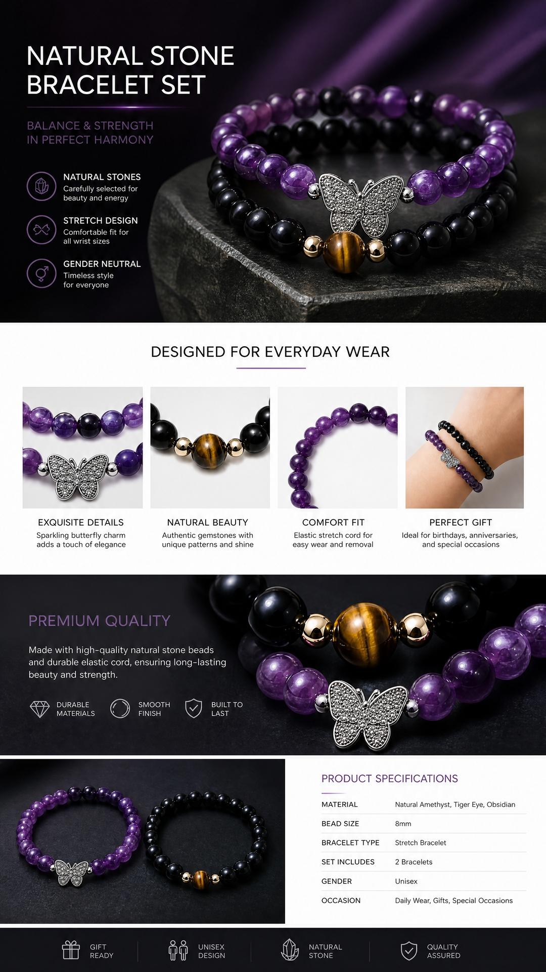 Natural Stone Bracelet Set 2 Pack, Handmade Stretch Bead Bracelets for Women Men, Crystal Style Jewelry, Everyday Wear Gift