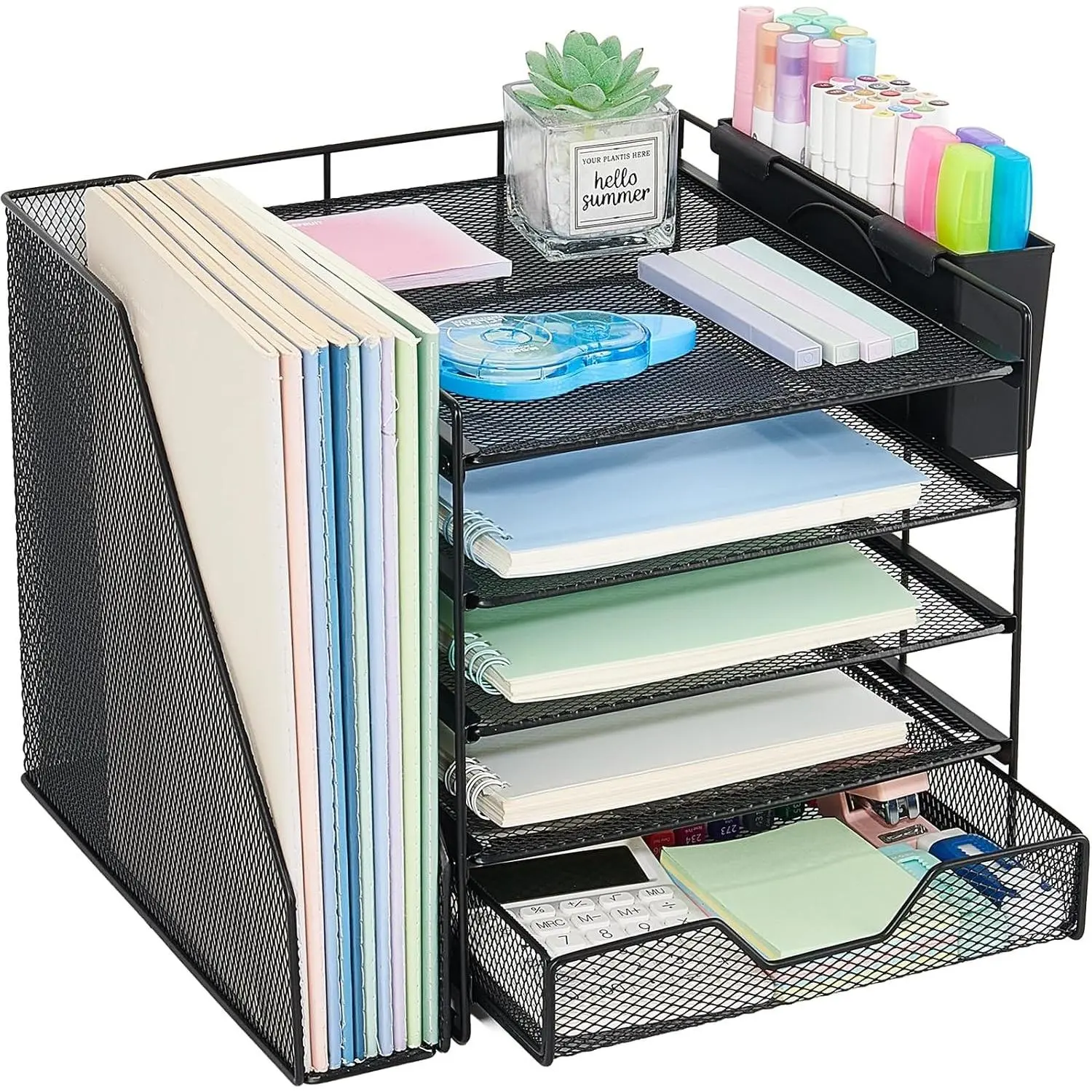Desk Organizers and Accessories, 5-Tier Paper Letter Tray Organizer with File Holder, Drawer & Pen Holder, Office Desk Accessories, Desktop Organizer for Classroom Office Supplies, Black