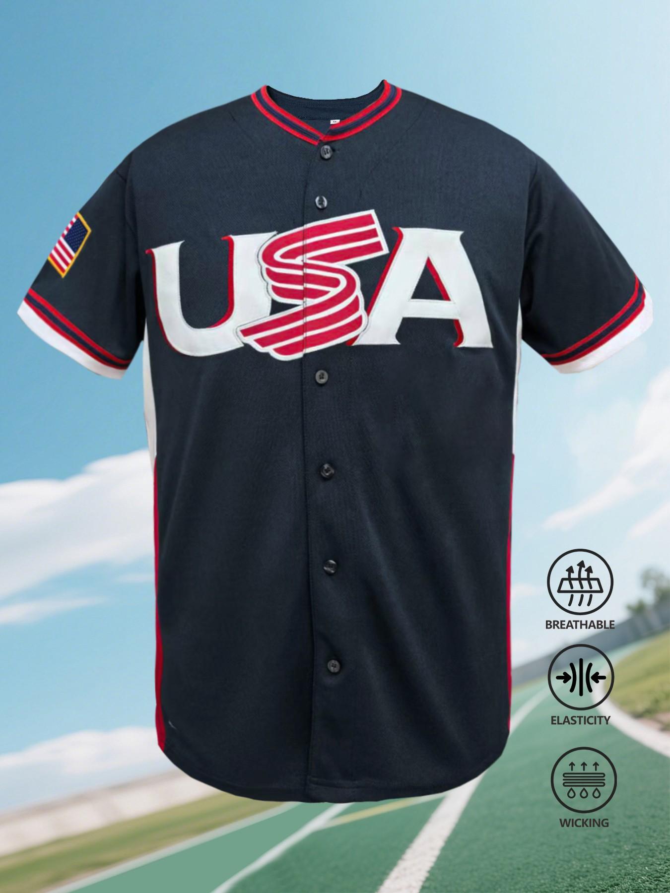 USA Themed Embroidered Baseball Jersey for Men, Breathable Wicking Button Down Shirt, Elastic Sports Uniform for Game Day 2026, Sports Top