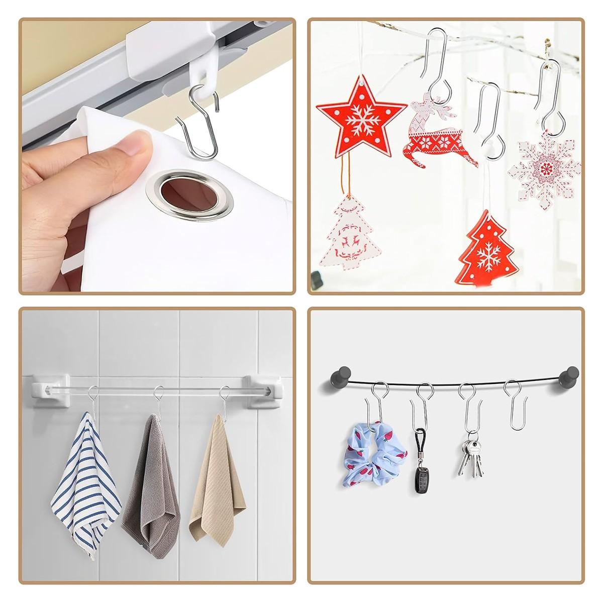 50pcs Small Curtain Track Hooks, S Shaped Short Drape Pins, Flexible Ceiling Curtain Track Rollers, Metal Rod Clips Holder - Silver Color