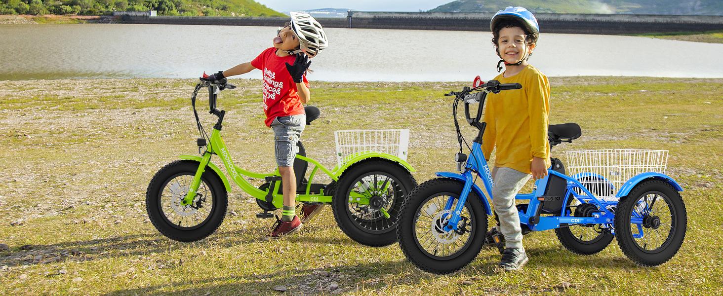 MOONCOOL Electric Tricycle for Youth, 35 Miles 16IN 3.0 Fat Tire Electric Trike, 3 Wheels Electric Bicycle Bikes, 250W Aluminum Frame Electric Tricycle Etrike with Removable Battery and Basket