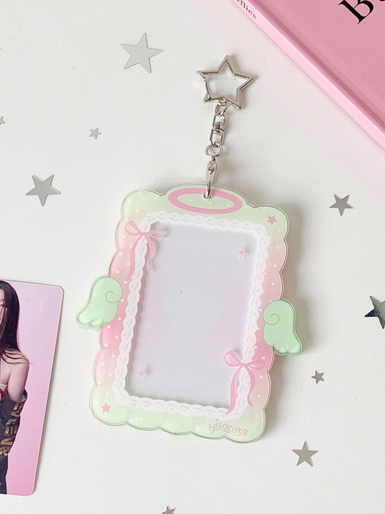 Sweet Girl 3 Inch Angel Wings Keychain Card Holder, Student Hollow Out Visible Small Card Display Case, Idol Fan Accessory, Id Holders For Badges, Id Badge Holder, Badge Accessories