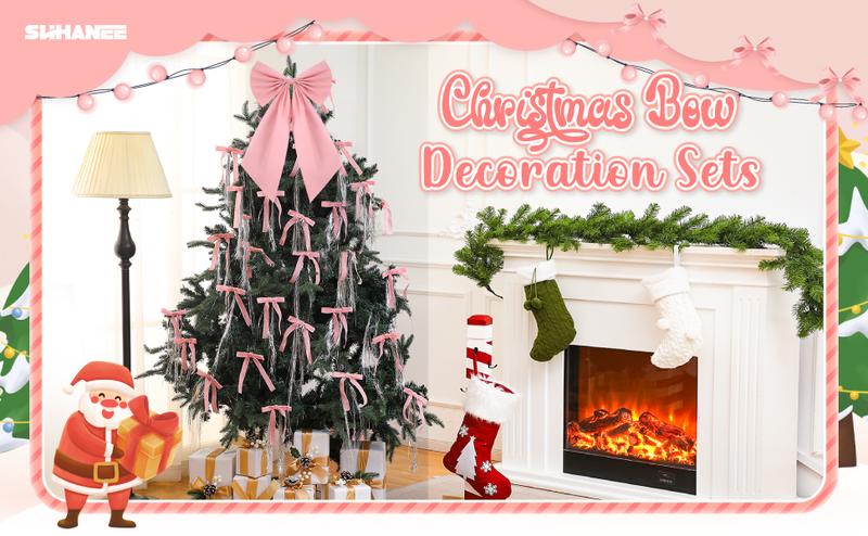 24 Pcs Burgundy Velvet Christmas Tree Bows Door Pink Velvet Bows Christmas Tree Bows Vintage Bow Includes1 Large Satin Christmas Tree Topper with Strands Silver Tinsel Icicles for Christmas Tree Decoration Garland Decor Holiday Wreath Gift Wrapping