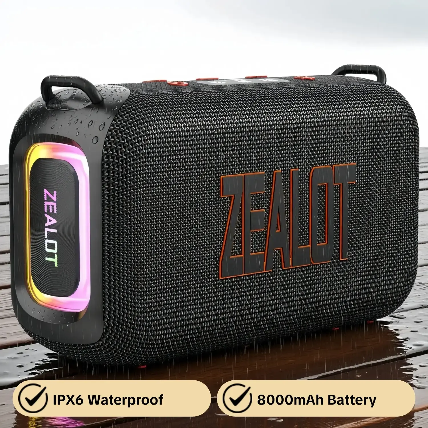 Portable HIFI Bluetooth Outdoor Wireless Speaker ZEALOT, 50W Dual Subwoofers Deep Bass, IPX6 Waterproof, RGB Lights, 8000mAh Long Play, Top-Quality for Gym, Camping & Gift