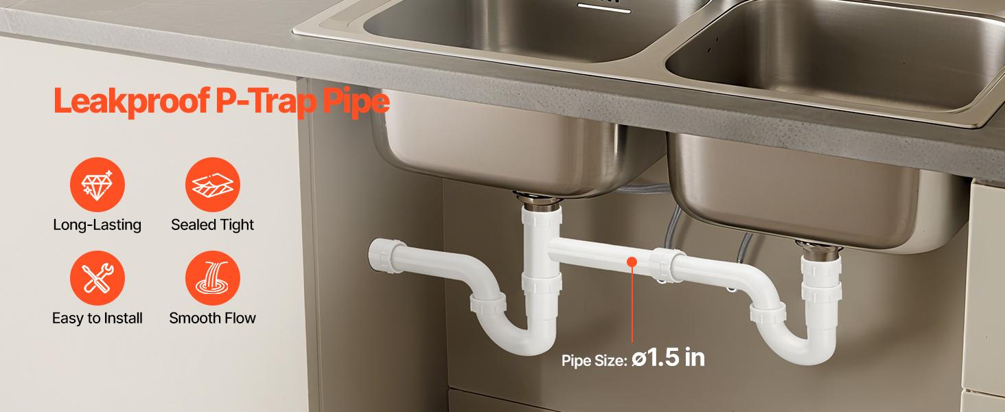 VEVOR 1.5 in Curved Shape P-Trap Plumbing Kit, PP Plastic Sink Drain Pipe with Threaded Adapter, TPU Leakproof Gaskets, Corrosion-Resistant, Odor Blockage, Easy-Install Under Sink Tool Kit for Household Users