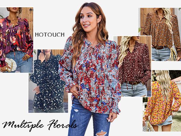 Women's Long Sleeve Tops New Arrivals Boho Floral Printed Blouses Casual V Neck Pleated Drawstring Shirts Fashion dealsforyoudays Outdoorfun Womenswear Vneck 2026 spring Loose Dressy Flowy
