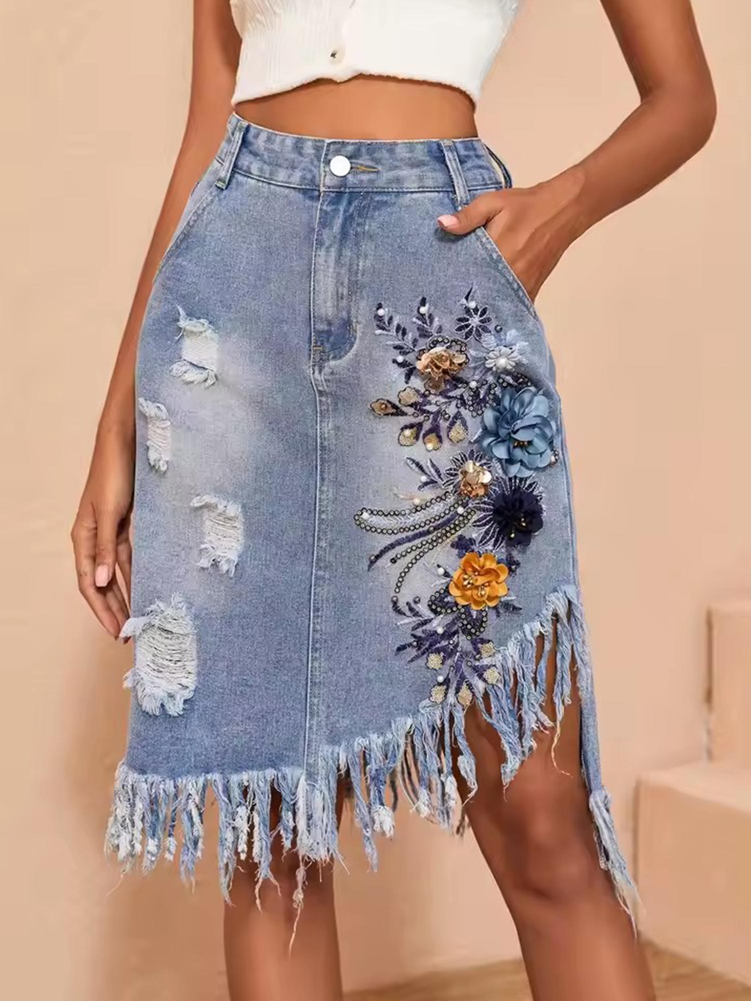 Women's Embroidered Ripped Denim Skirt, High Waist Embroidered