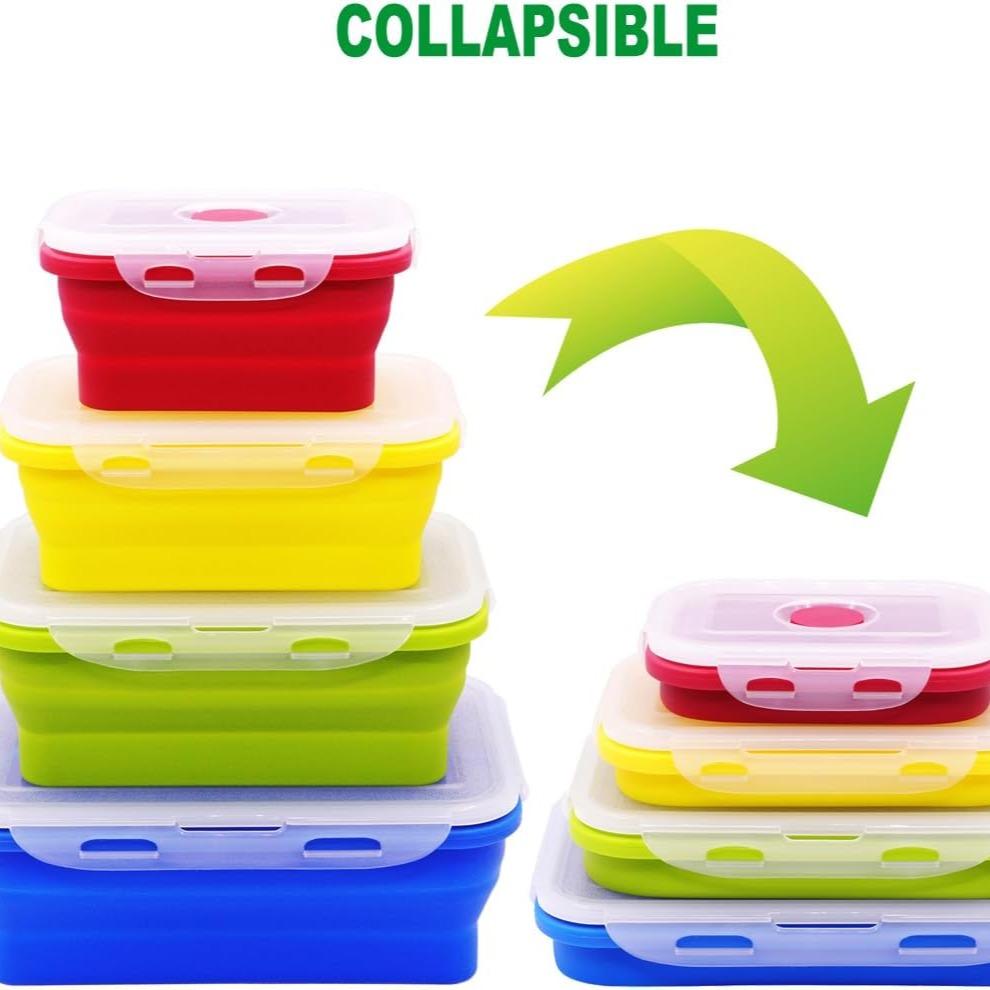 Set of 4 Collapsible Foldable Silicone Food Storage Container, Leftover Meal Box With Airtight Plastic Lids For Kitchen, Bento Lunch Boxes-Microwave, Dishwasher and Freezer Safe