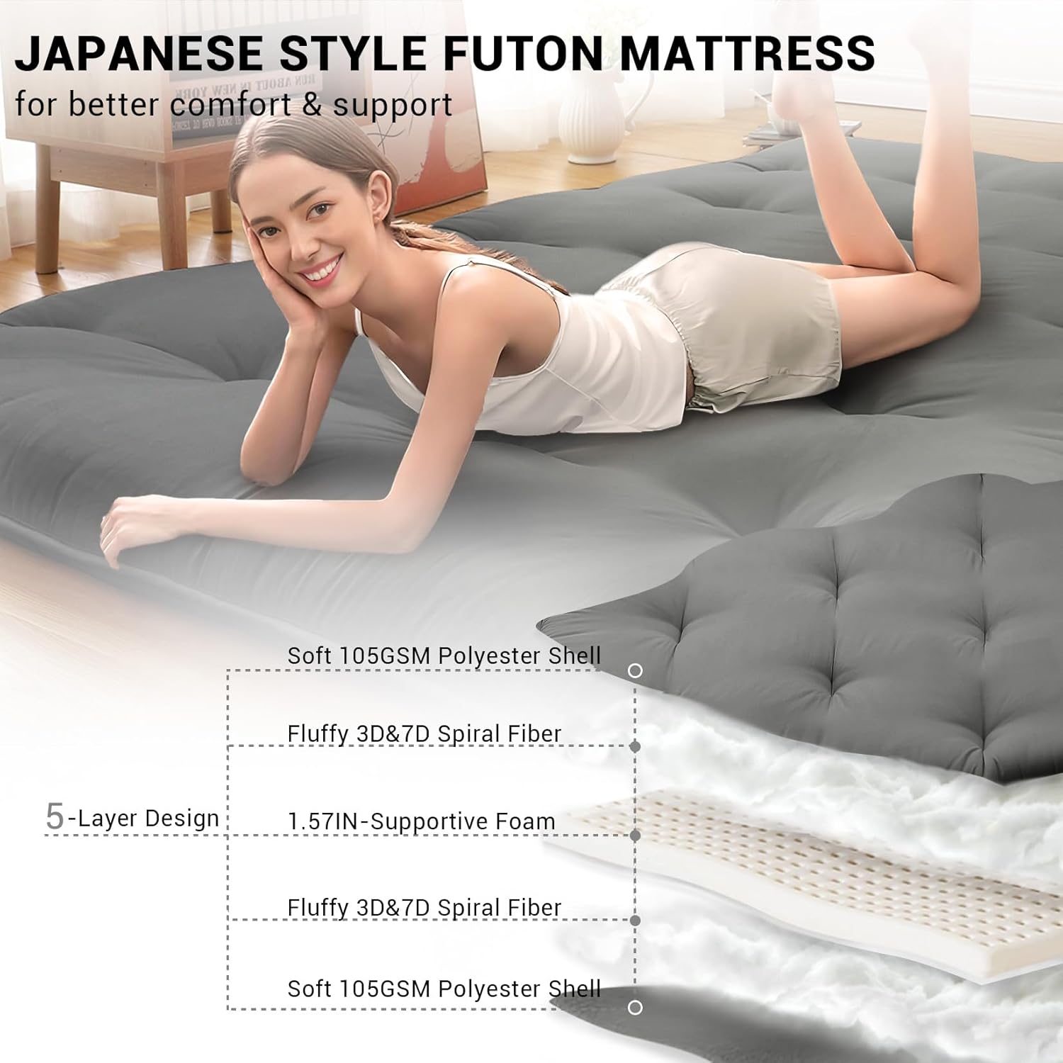 Futon Mattress, Japanese Floor Mattress Twin/Full Size Floor Mat for Sleeping Adult Size, Foldable Tatami Mattress Roll Up Floor Bed Mattress for House Guest Camping Dorm