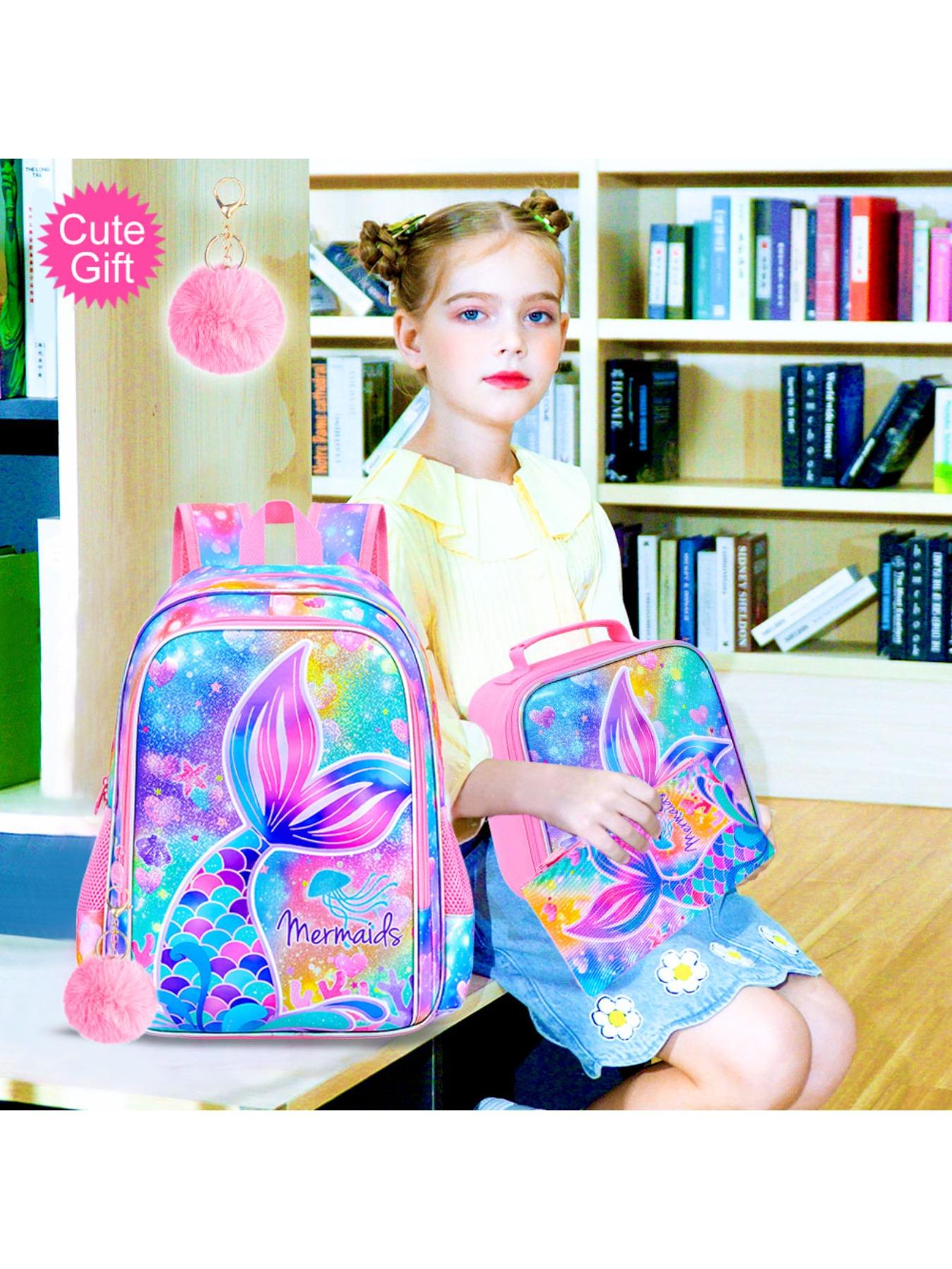 3Pcs Mermaid Backpack for Girls, 16" Kids Fishtail Bookbag with Lunch Box, Cute Schoolbag for Preschool Kindergarten Toddler(Rainbow)