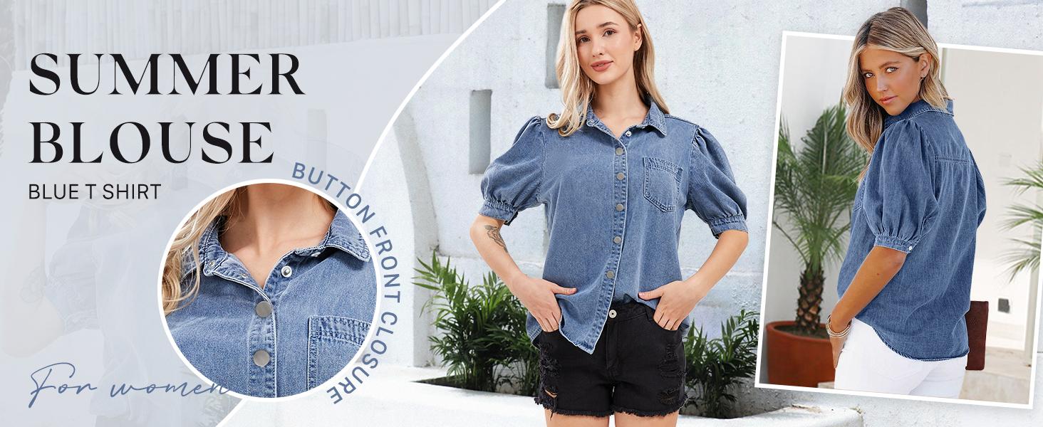 CHARTOU women's casual washed bubble sleeve denim button up shirt cute retro denim short sleeved top