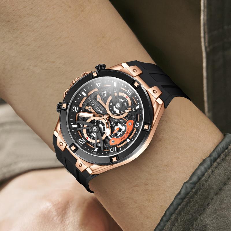 SOLLEN Men's Sports Chronograph Watch Large Dial Date Multi-Function Quartz Water-Resistant Silicon Strap Luminous Waterproof Gift for Birthday Boyfriend Husband Valentine's Day Father's Day Wedding 720