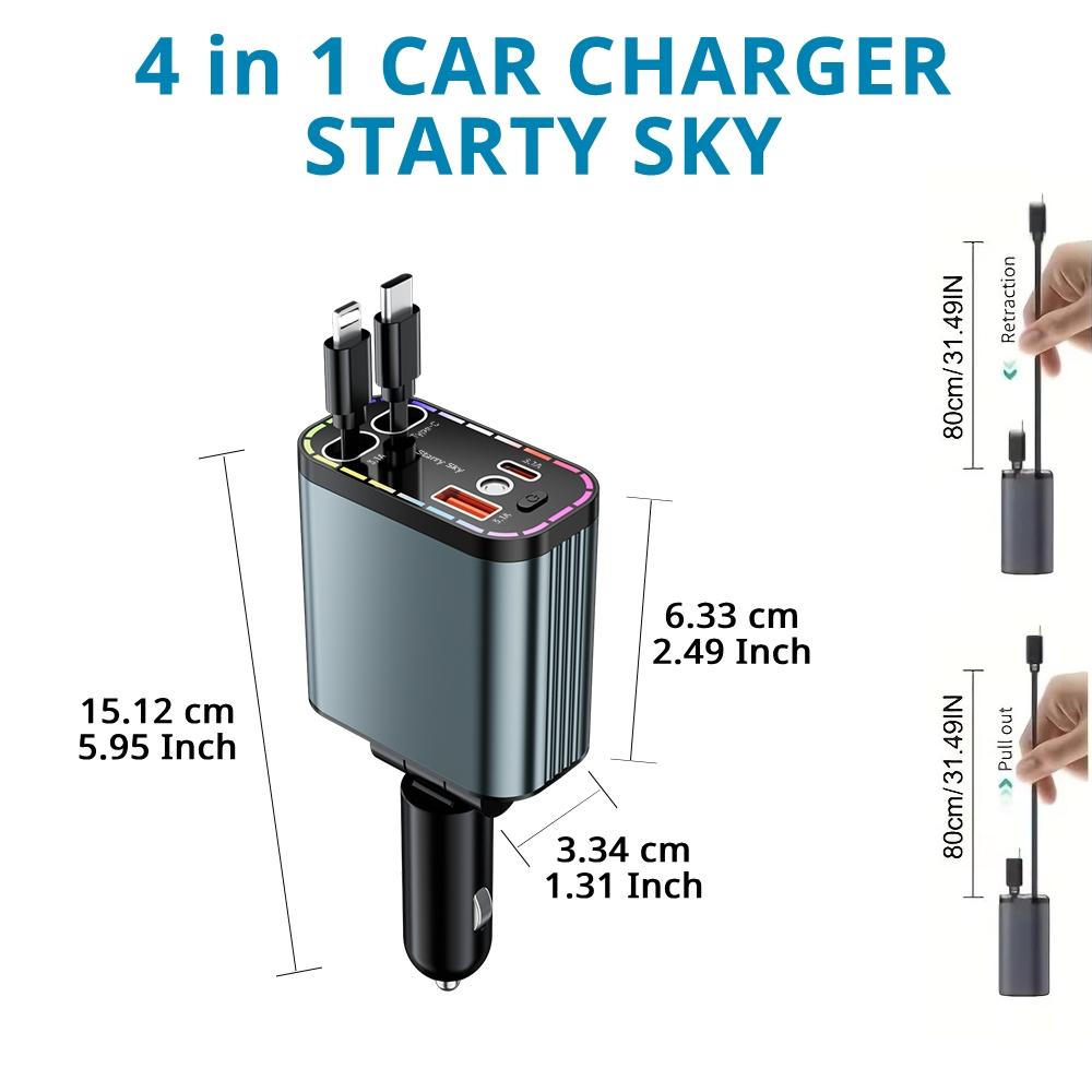 Decorative Starry Sky Light with 4 in 1 Retractable Car Charger Adapter, Fast Charging Car Charger, Fast Charging Solution, USB & Type C Ports Charger Compatible with iPhone & Android, Valentine's Day Gift for Husband Wife Interior Decor Accessories SUV