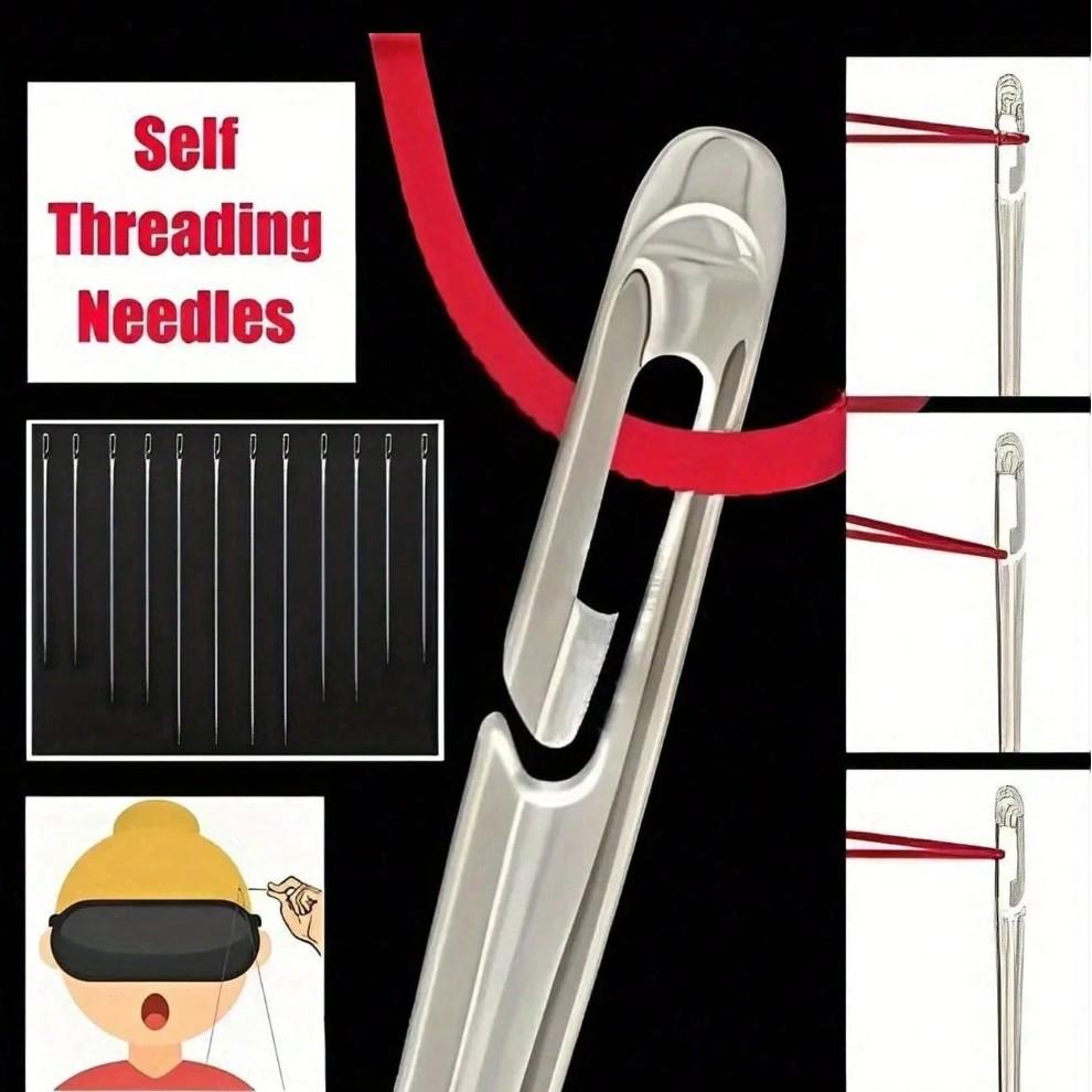 12-Pack Stainless Steel Sewing Needles with Side Holes, Elderly Handmade Sewing Needles, DIY Home Craft Supplies, Tail, Silver Color Tail