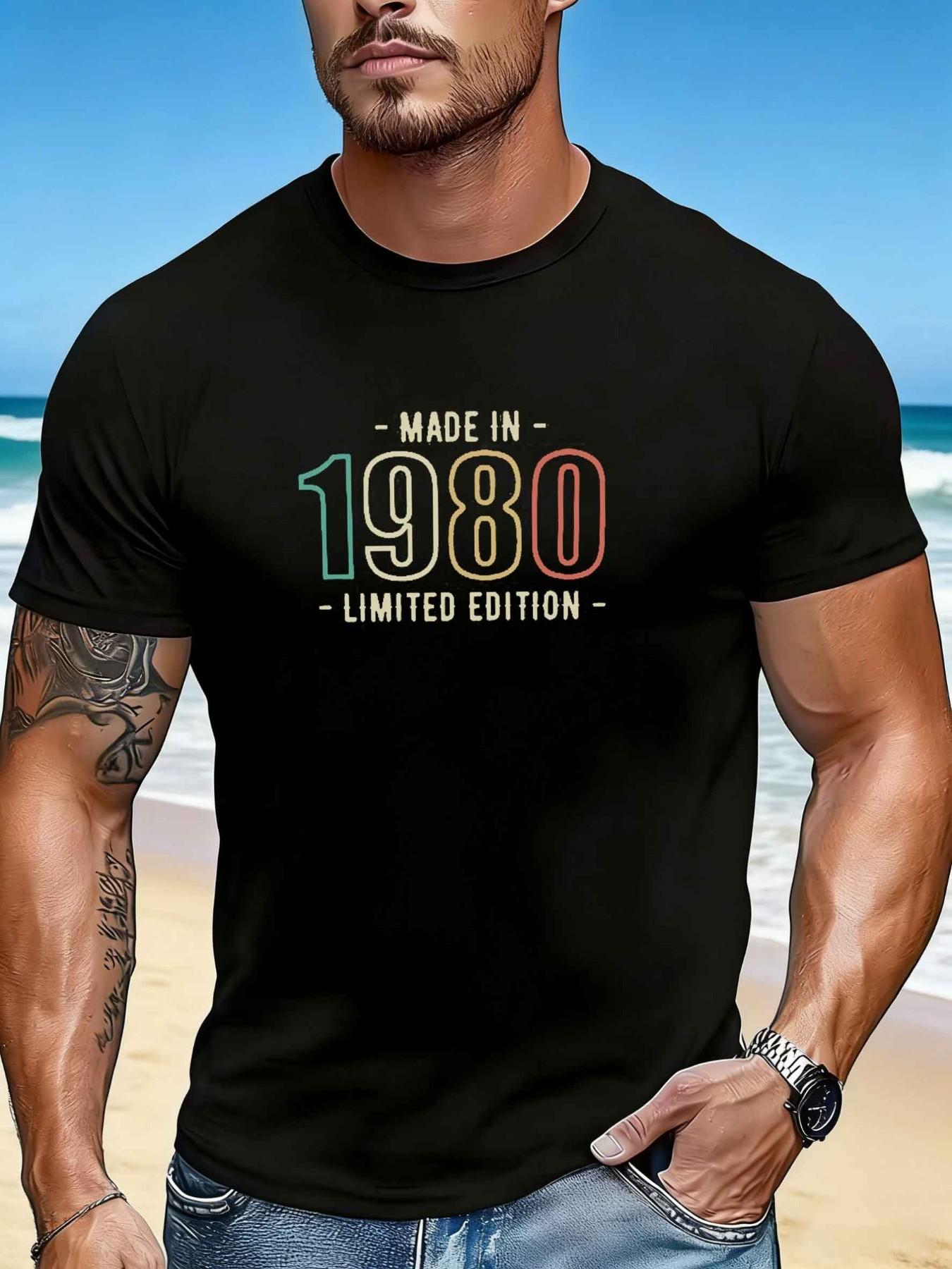 Men's 1980s Limited Edition Summer Casual Round Neck Short Sleeve T-Shirt, Fitted Long Tee with Print Pattern, Perfect for Daily Wear