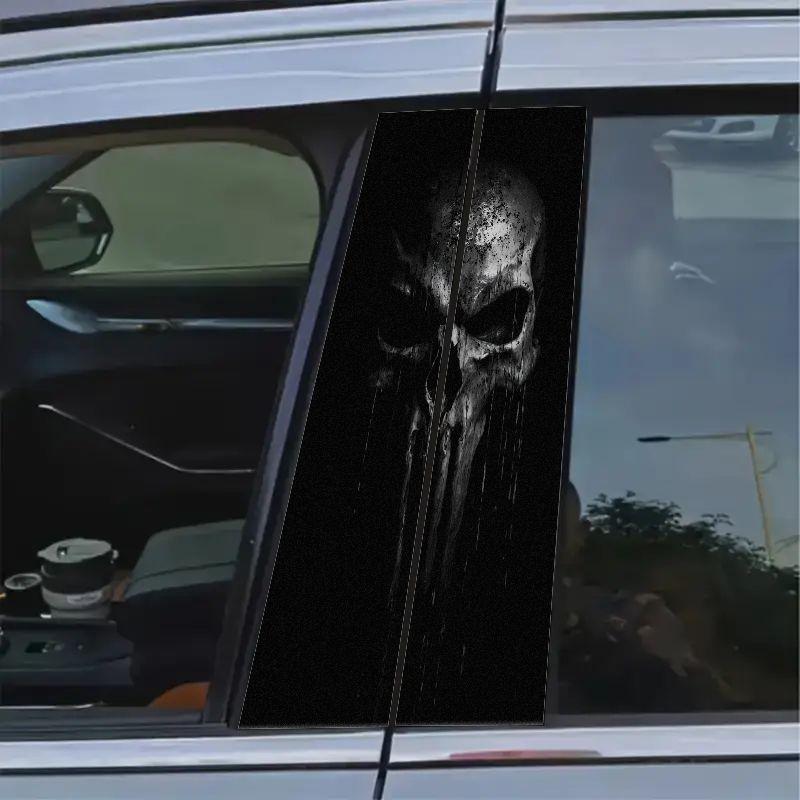 Punisher Skull B Pillar Sticker, Deep and Weathered Design, Cracked Splash Effect, Vertical Drop, Waterproof Car Decal