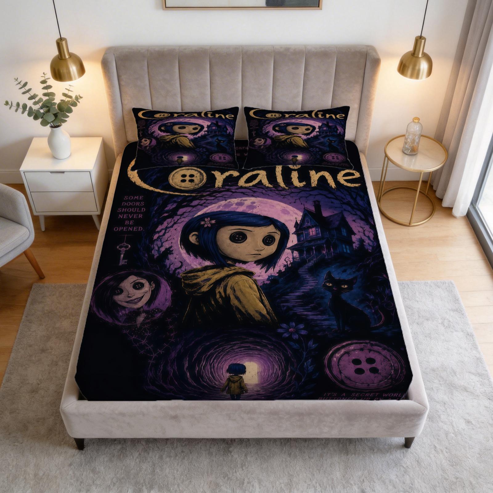 Coraline Printed Pattern Bed Sheet Set, Halloween Themed Decoration, 1 Bed Sheet With 2 Pillowcases (Excluding Pillow Core), Suitable For Teenage And Adult Bedrooms, Suitable As Decoration And Gift