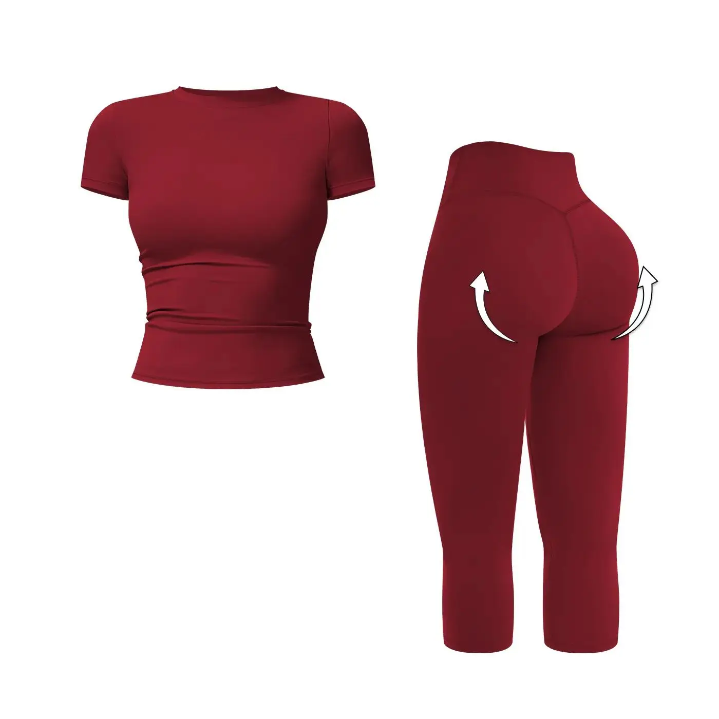 RICH BRIA Two-Piece Sets, Short Sleeve Tee & Butt Enhance Sport Set, Soft Workout Tank Top Booty Lifting Capri Leggings, Seamless Breathable Comfortable Yoga Clothes, Active Casual Outfit Womenswear