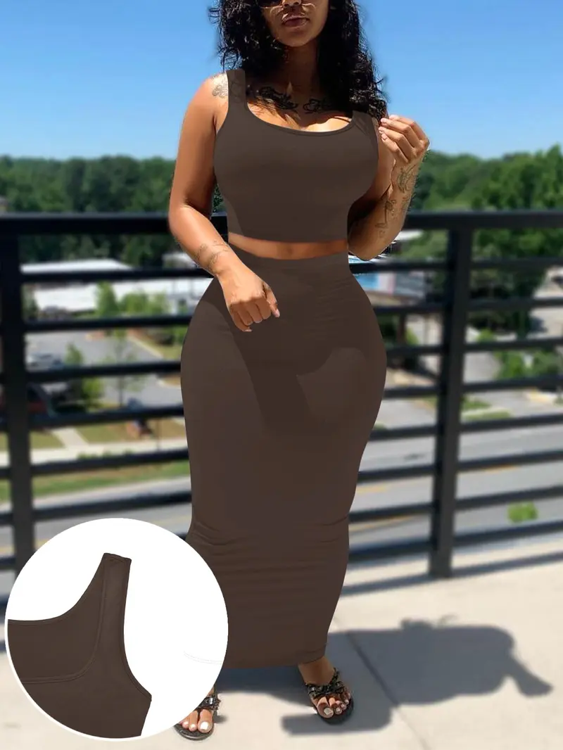 2-Piece Breathable Stretchy Sexy Sporty Casual Slim Fit Knit Crop Sleeveless Tank Top & High-Waisted Skirt Set for Beach, Vacation and Date, Street Style Womenswear