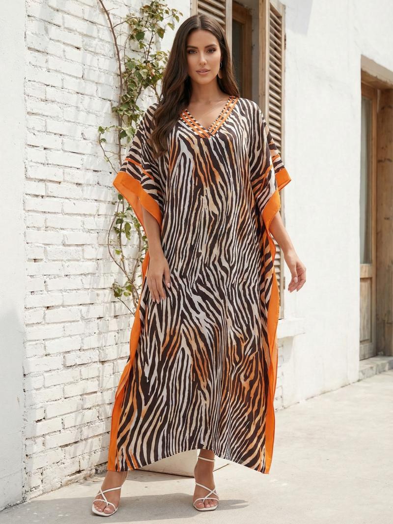 EDOLYNSA Striped kaftan dress cozy house robe muumuu outfits Moo Moo Dress vacation relaxed beach wear leisure wear versatile cover up daily wear Homewear Boho Casual Dress Q1615