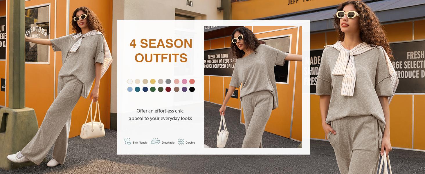 Imily Bela Women's 2 Piece Travel Outfits Casual Short Sleeve Knit Pullover Tops Wide Leg Pants Lounge Sets Tracksuit