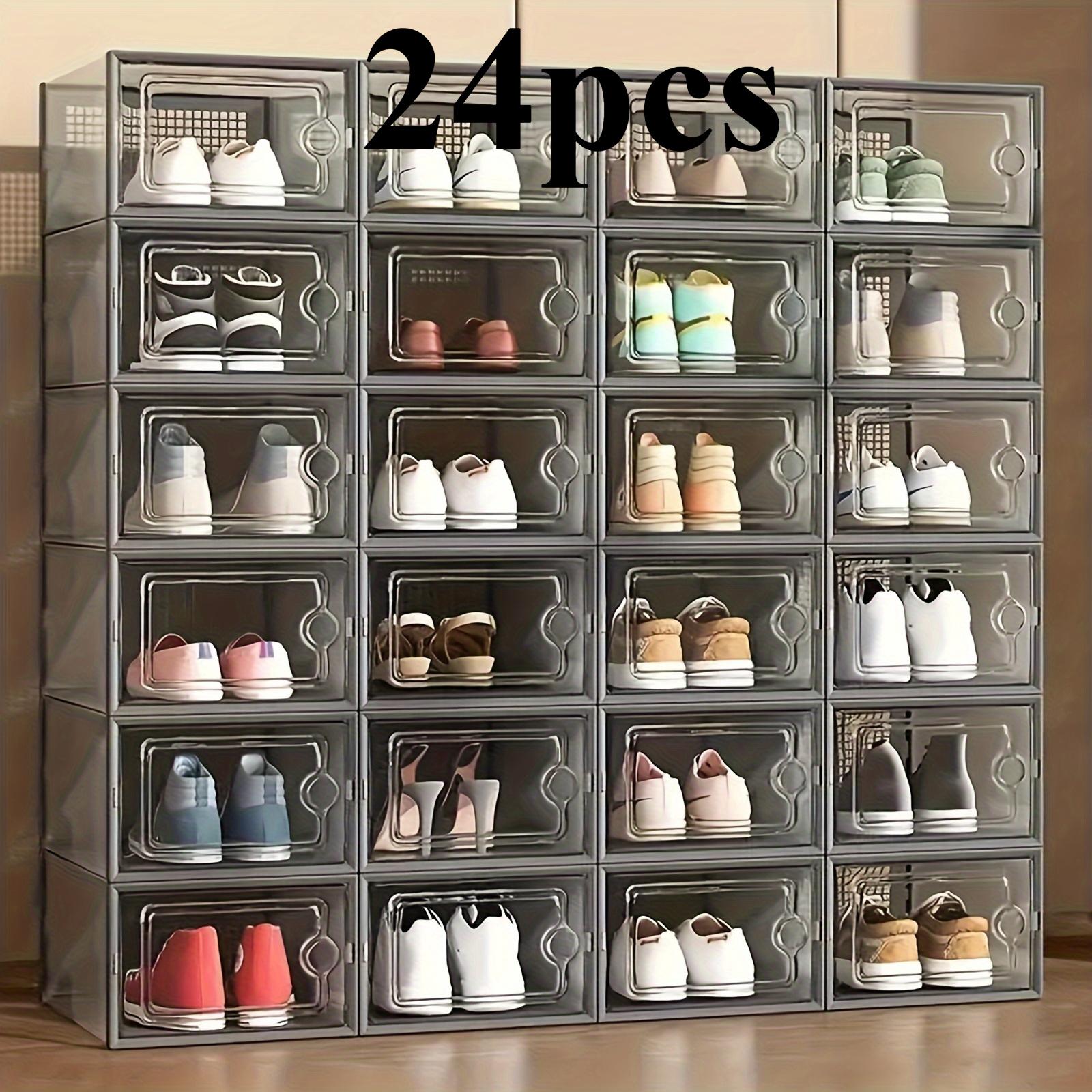 24 pcs thickened transparent storage shoe box with lid, foldable stacked shoe storage box, durable shoe box is suitable for all kinds of shoe types, ideal for home dormitory wardrobes, space-saving shoe racks, Foldable shoe organizer