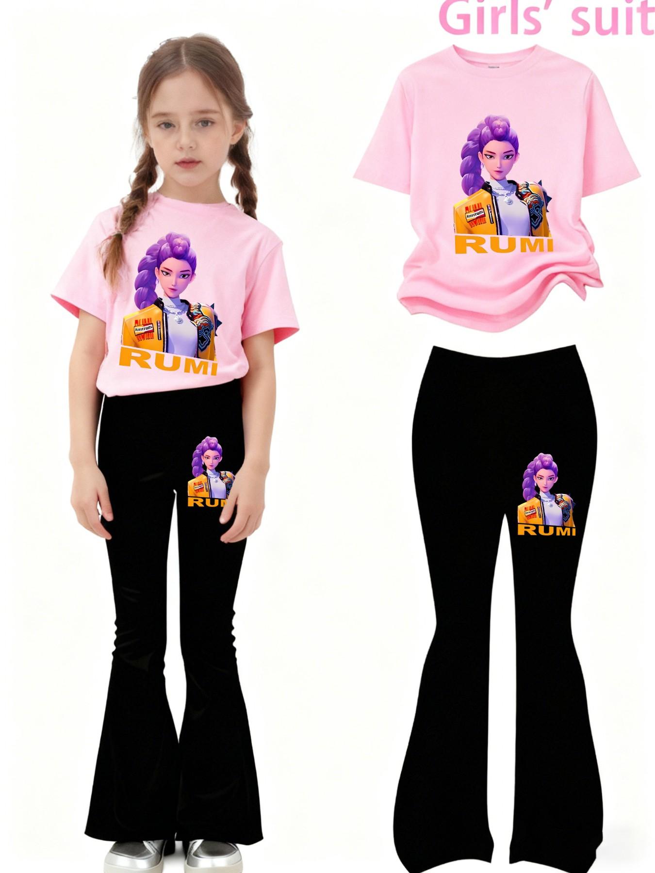 Girls' Kpop Print 2-Piece Set, Casual Sporty Short Sleeve Top & Bell Bottom Pants, Comfortable Elastic Waist, Spring Summer, Girl Clothes School