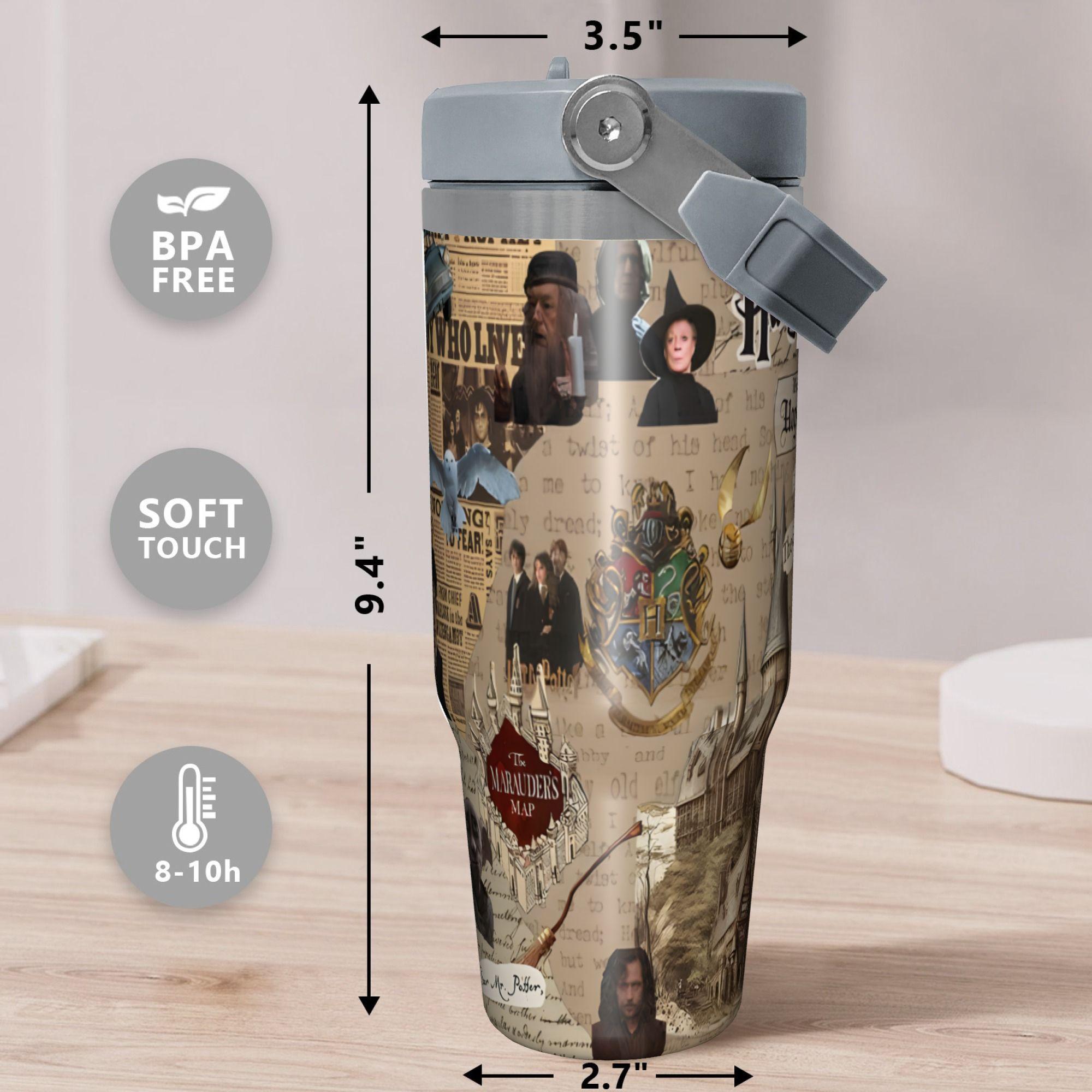 【Back to School】Warner Bros. Harry Potter Vintage Chapter Hogwarts Flip Straw Tumbler 30oz Stainless Steel Vacuum Mug, Leakproof Travel Cup, Antique Book Page Castle Print, Wizard Fan Gift
