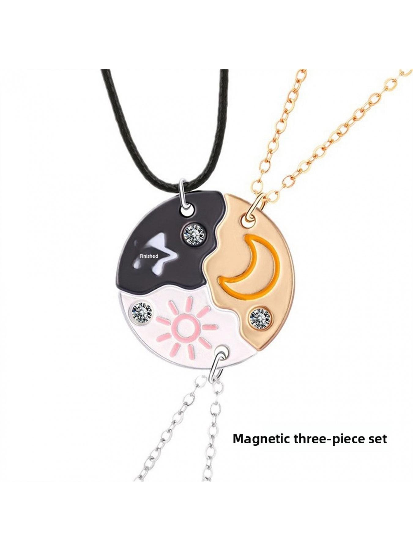 Set of 3 Round Rhinestone Star Moon Sun Friendship Necklaces BFF Best Friends Forever Fantasy Cute Pendant for Unbreakable Friendship