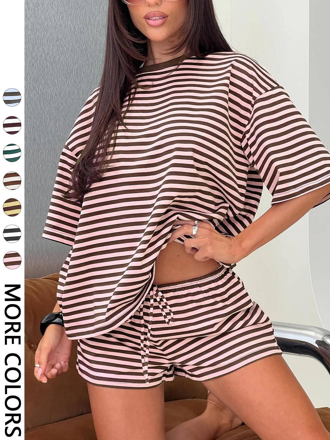 2 Spring Summer Stripe Print 2 Piece Outfit Women | Oversized T-Shirt + Drawstring Shorts | Soft Casual Lounge Set | Y2K Clean Girl Style for Daily Home Vacation Wear