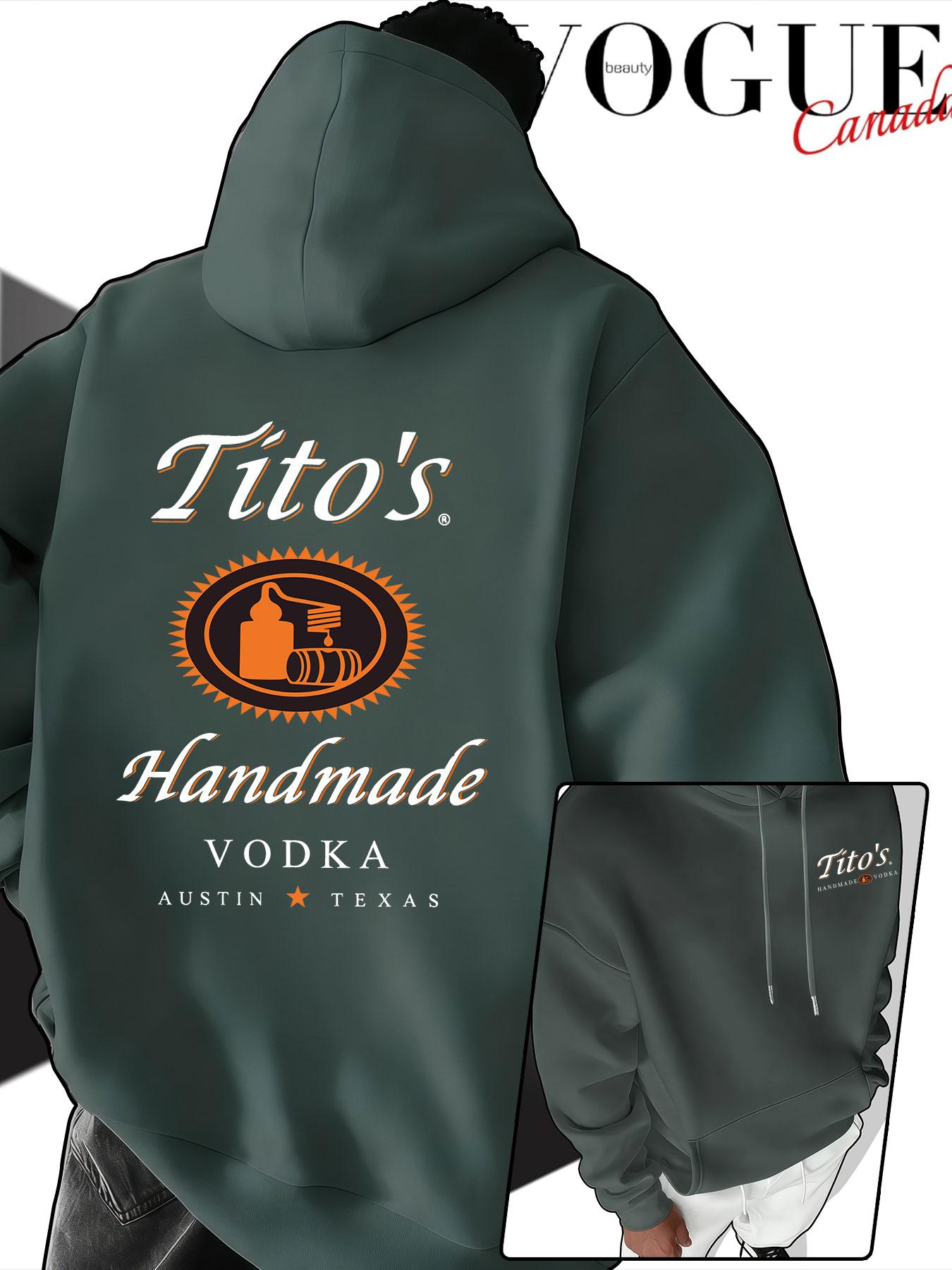 Men's Hooded Sweatshirt Fall & Winter, Tito's Handmade Vodka Print, American Vintage Loose Fit, Couples' Drop Shoulder Pullover