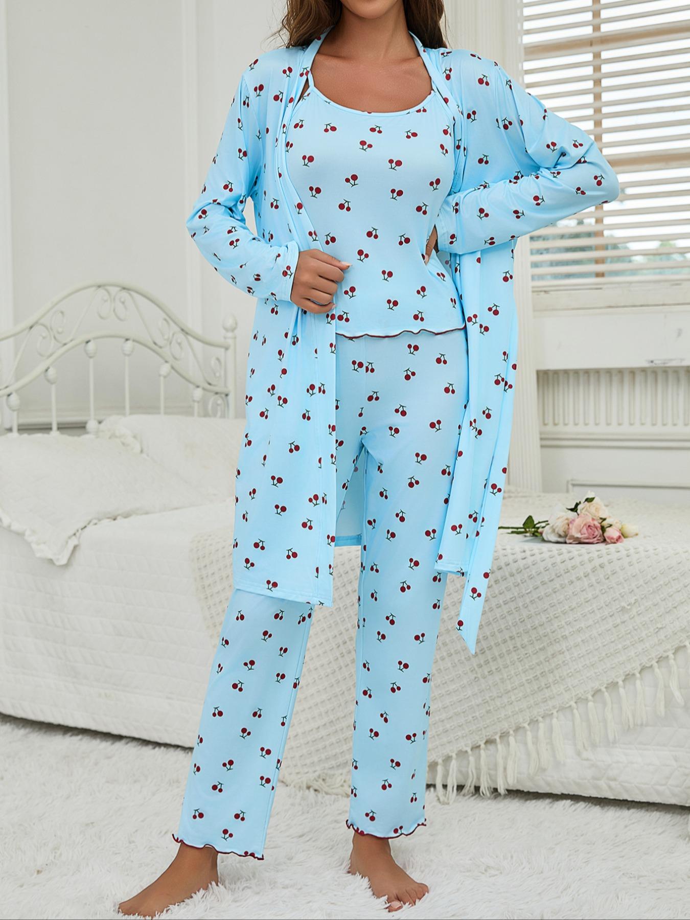 Cherry Print Women's Nightgown Set + Strap Pants, Comfortable Casual Home Wear, All-Season Fitted Sleepwear, Moderate Fabric