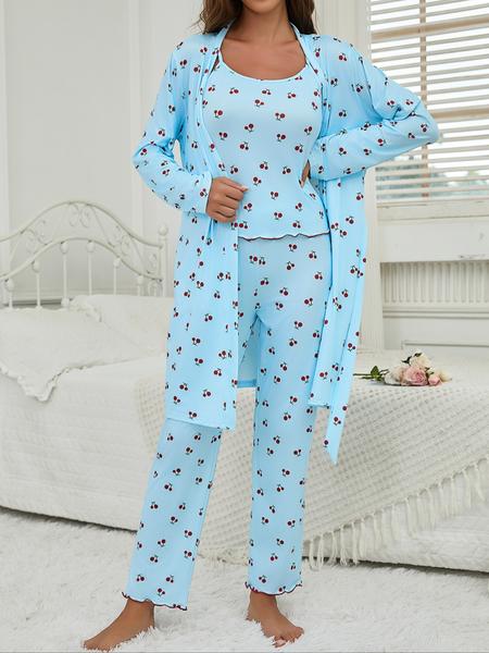Cherry Print Women's Nightgown Set + Strap Pants, Comfortable Casual Home Wear, All-Season Fitted Sleepwear, Moderate Fabric
