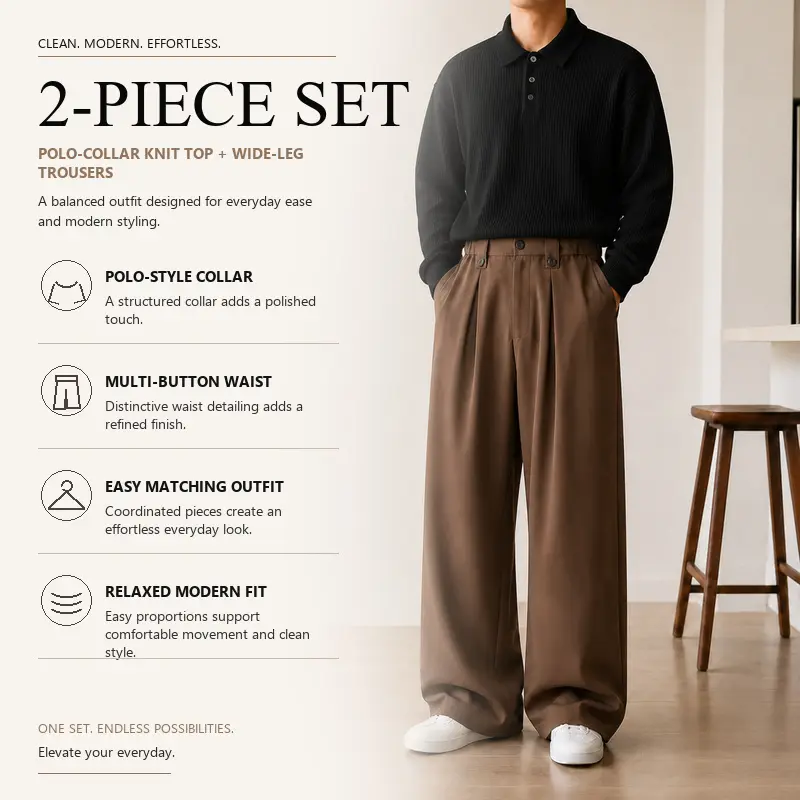 Men's Casual Sweater and Pants Set, Polo Collar Ribbed Knit Sweater with Straight Leg Tailored Pants, 8 Curated Solid Color Pairings, Sizes S-XXL, Daily Work Travel Style, Group 6