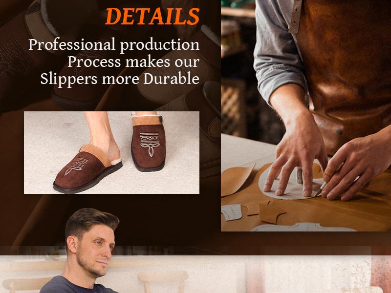 OOW Cowboy Boot Slippers for Men Western House Slippers Indoor & Outdoor Square Toe Chestnut Soft Faux Fur Lining Durable Cotton Fabric